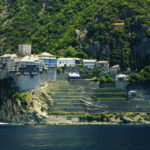 The Monastery of Dionysiou located in the Monks Republic on the peninsula of Athos. View from a cruise ship.