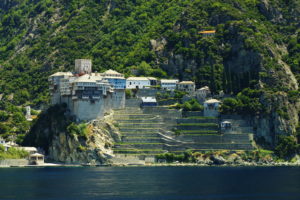 The Monastery of Dionysiou located in the Monks Republic on the peninsula of Athos. View from a cruise ship.