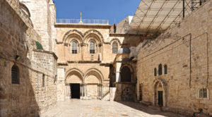 Main entrance to the Church of the Holy Sepulchre in Jerusalem, Israel